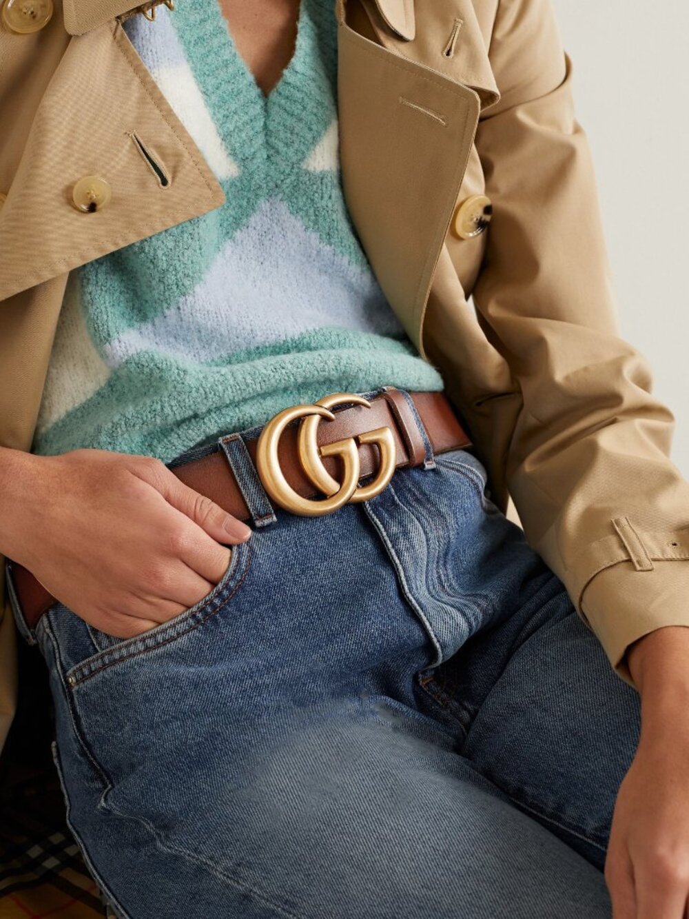 Gucci Double G Brown Leather Belt in Size 90